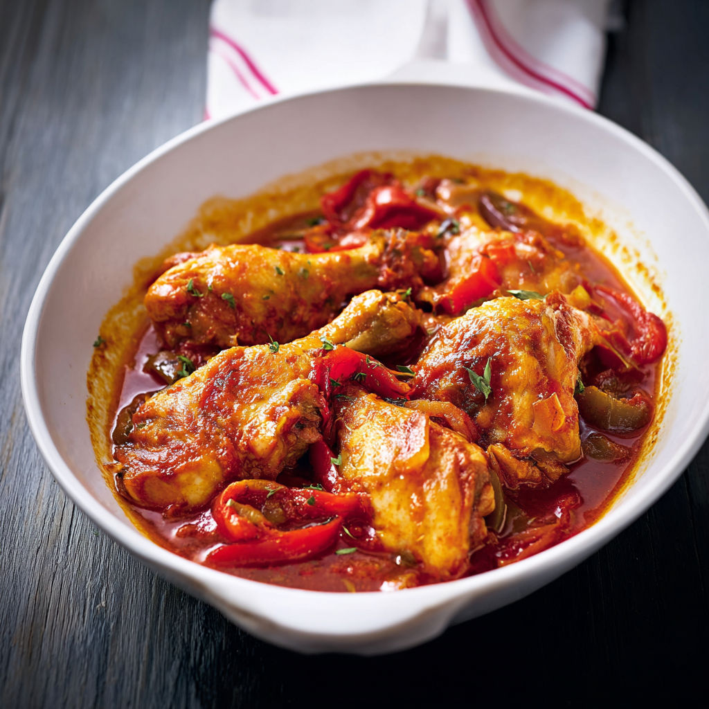 Une assiette de poulet basquaise, entourée de tomates, oignons et épinards, déposée sur une table.