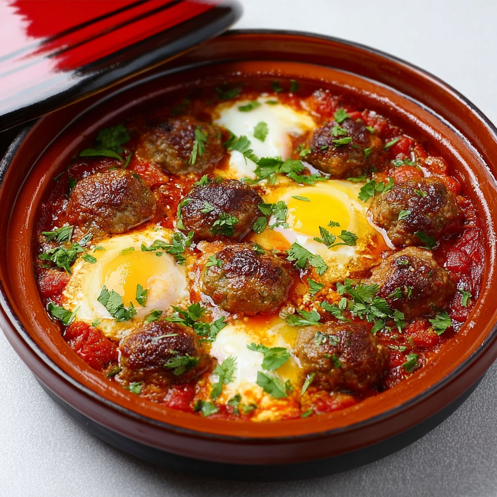 On découvre un tajine aux keftas et œufs à la marocaine, présenté dans un bol très coloré.