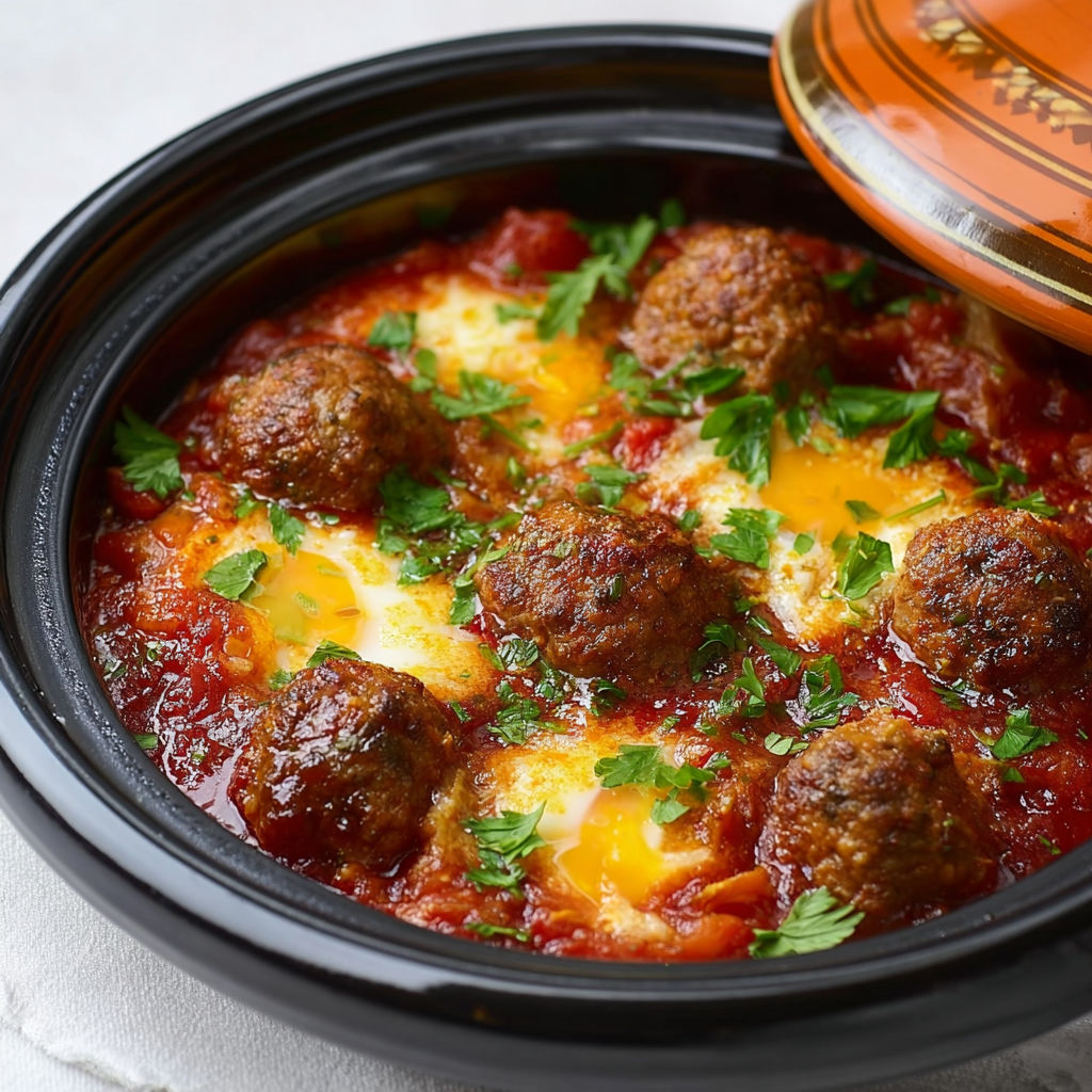 Délicieux tajine marocain de keftas et œufs avec sauce parfumée