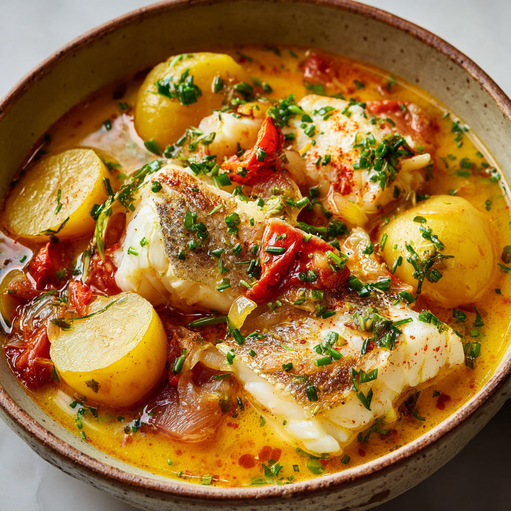 Bouillabaisse cabillaud légère, légumes doux mijotés et bouillon blanc parfumé.