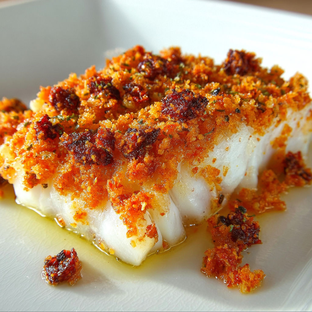 Un généreux pavé de cabillaud nappé d’un crumble chorizo-parmesan, présenté sur une assiette.