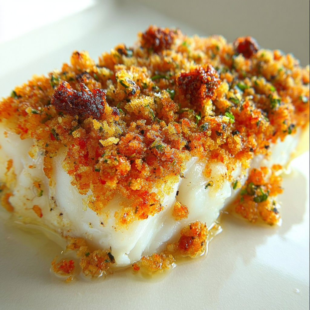 Dos de cabillaud tendre et doré recouvert de crumble à la charcuterie et au fromage.