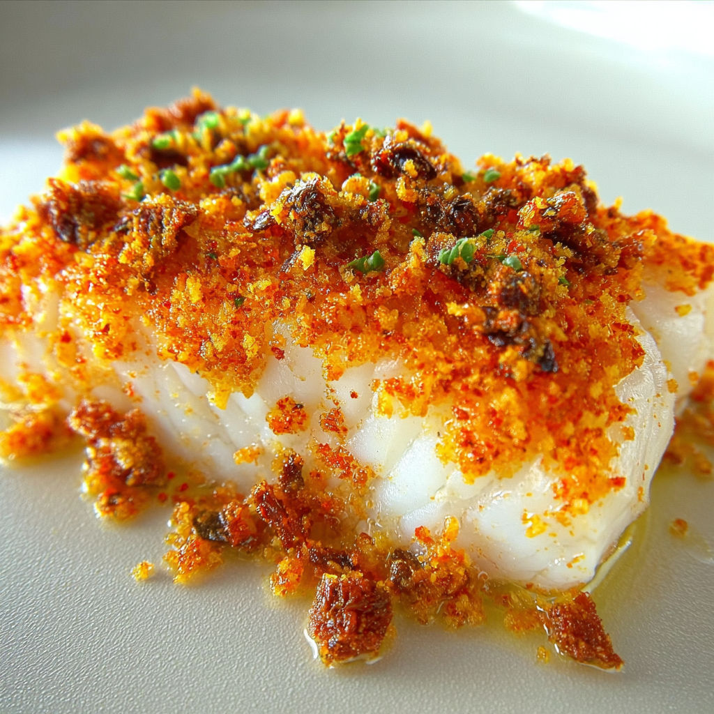 Dos de cabillaud doré sous une fine croûte de charcuterie et fromage fondant.