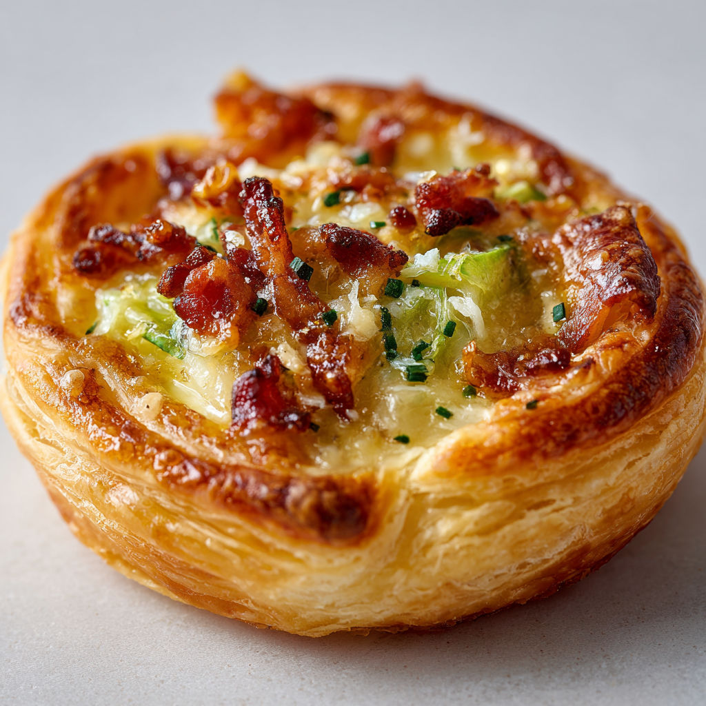 Petites tartelettes feuilletées dorées avec poireaux fondus, Comté et bacon croquant.