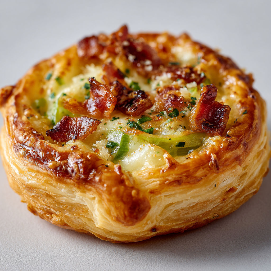 Une jolie tartelette feuilletée aux poireaux, Comté et bacon, posée sur une table blanche.