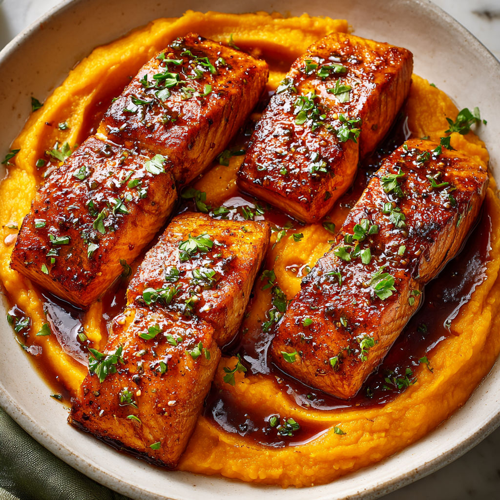 Un pavé de saumon brillant façon caramélisée, reposant sur une purée de patates douces fondante.