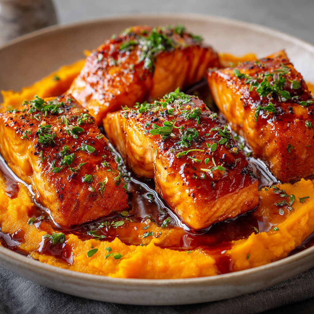 Un saumon brillant laqué à l'érable sur une purée de patates douces qui respire la fête.