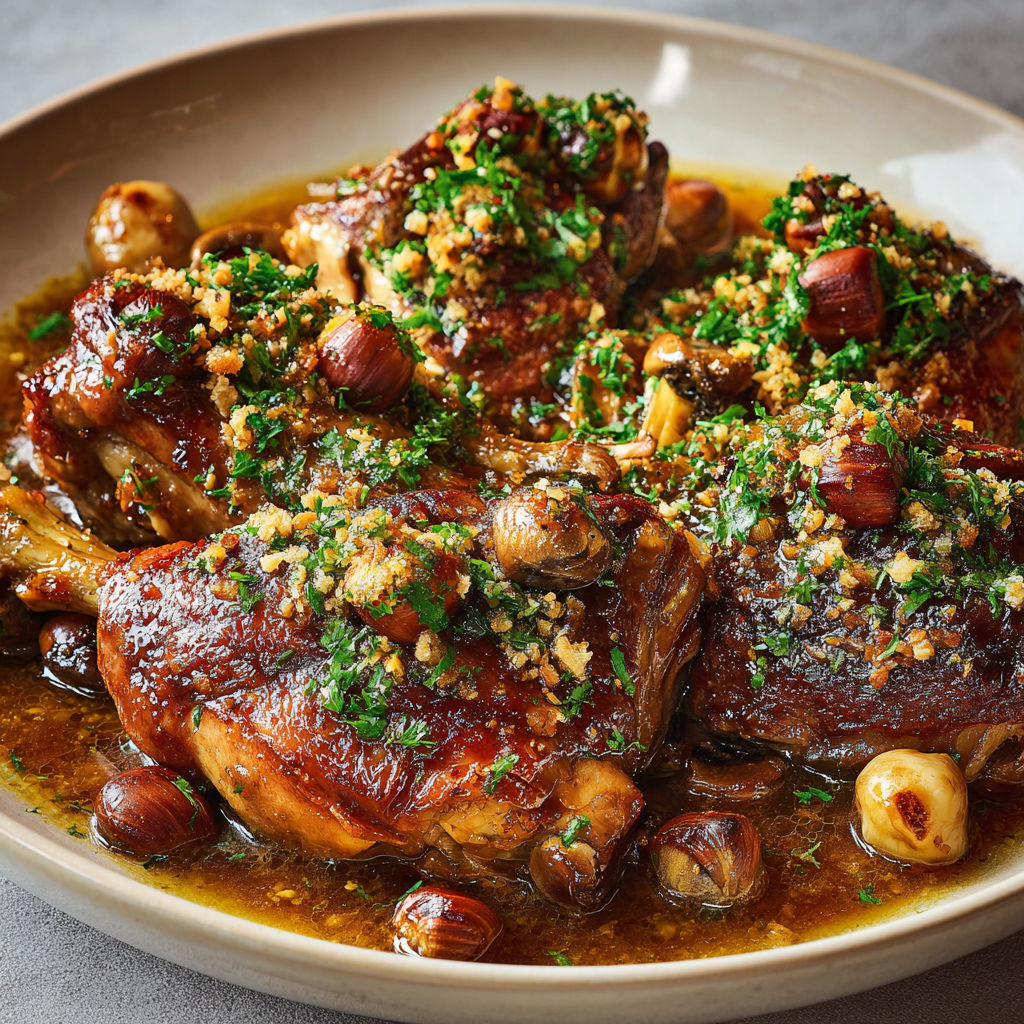 Morçeaux fondants de dindon en sauce au vin blanc et cognac, garniture croquante aux châtaignes.