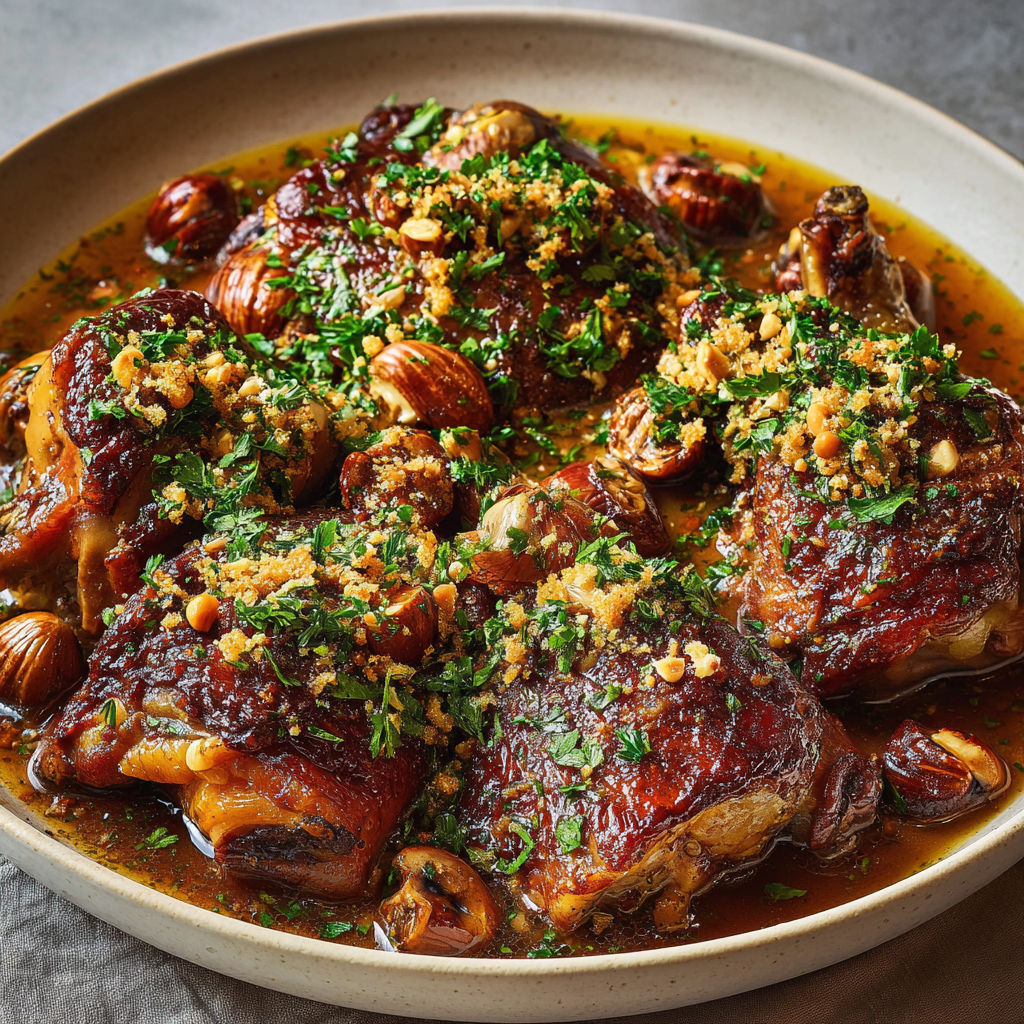 Dindon braisé longuement, sauce onctueuse, châtaignes croustillantes et parfums festifs.