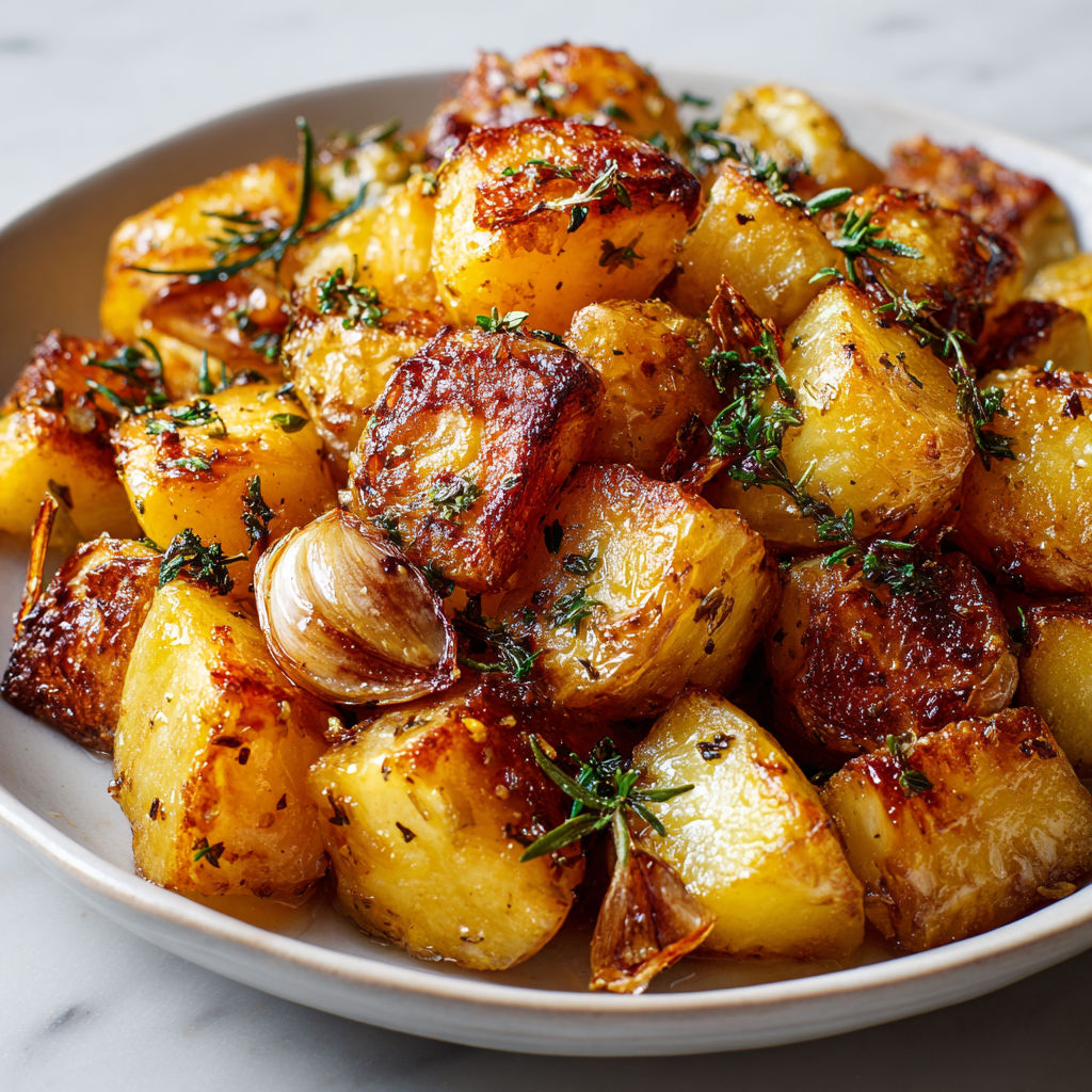 Assiette de pommes de terre bien dorées avec herbes fraîches et épices, accompagnée d’un plat à gratin en fond.