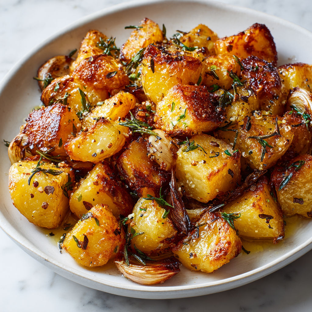 Pommes de terre dorées aux herbes, accompagnées de légumes et d’une sauce au beurre sur une assiette conviviale.