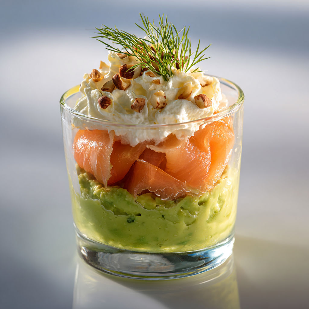 Un joli verre rempli de saumon fumé et d’avocat crémeux posé sur une table.