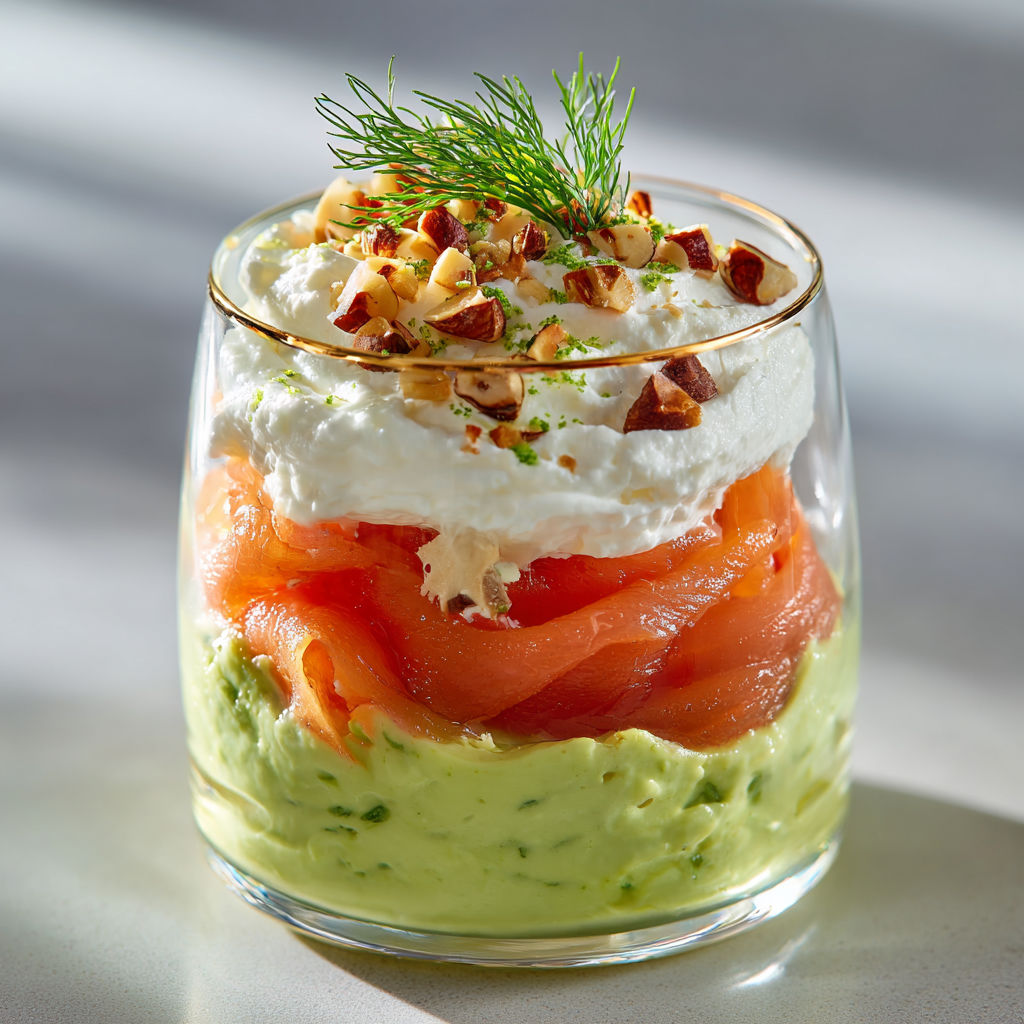 Un joli verre transparent avec des couches d’avocat et saumon, super appétissant.