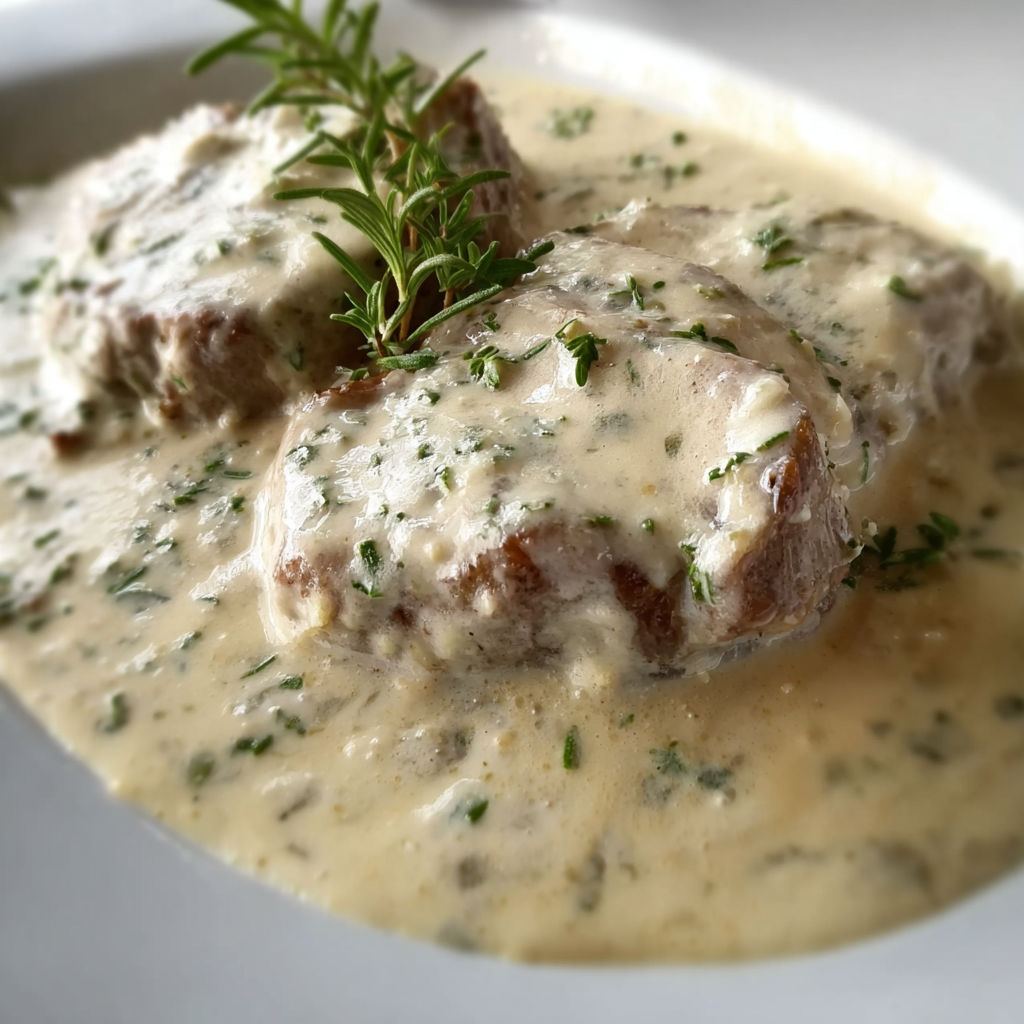 Tournedos de boeuf nappé d’une sauce légère et crémeuse en cocotte, parsemé de persil frais pour la touche gourmande.