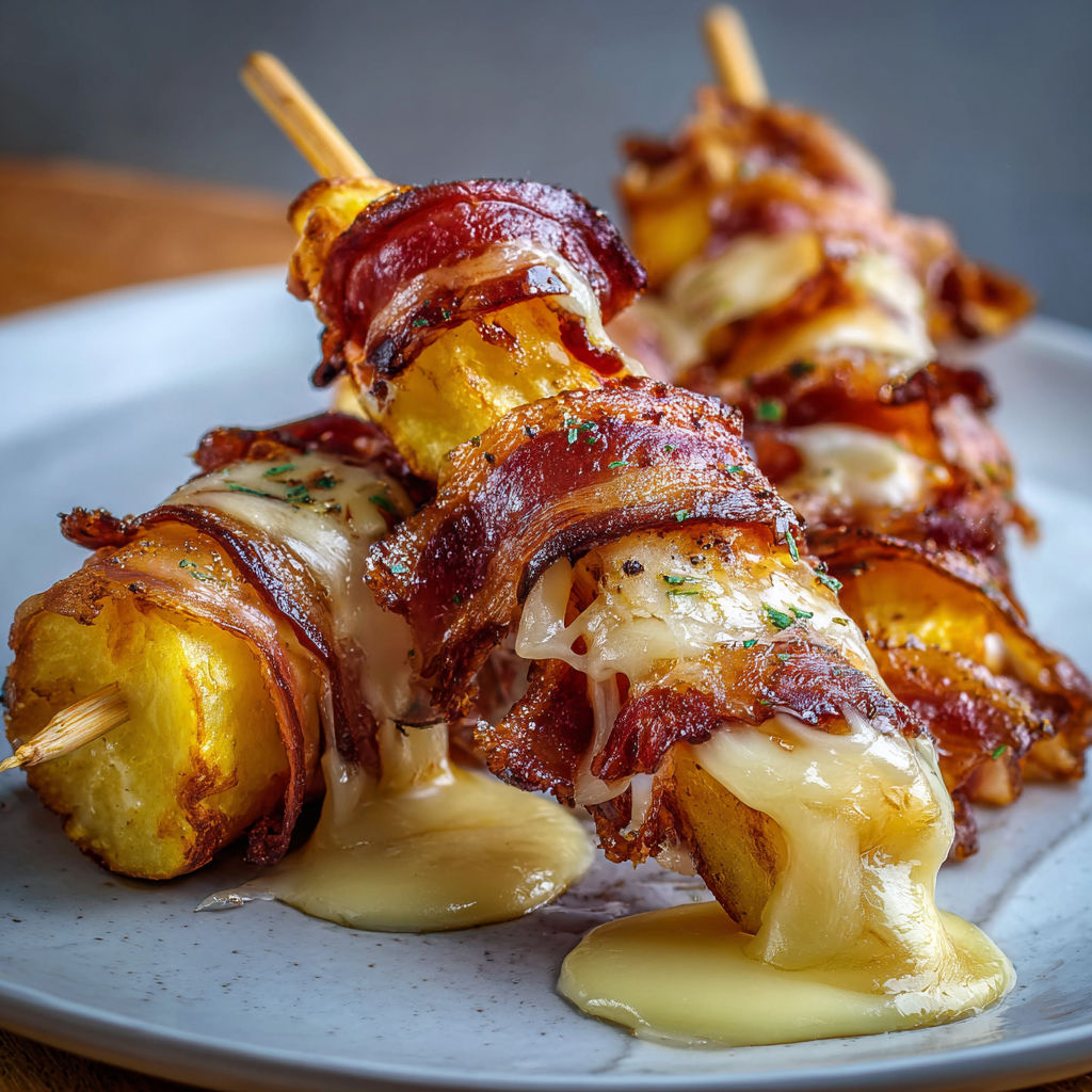 Brochettes hivernales croustillantes avec pommes de terre, bacon fumé et fromage fondant, prêtes à manger.