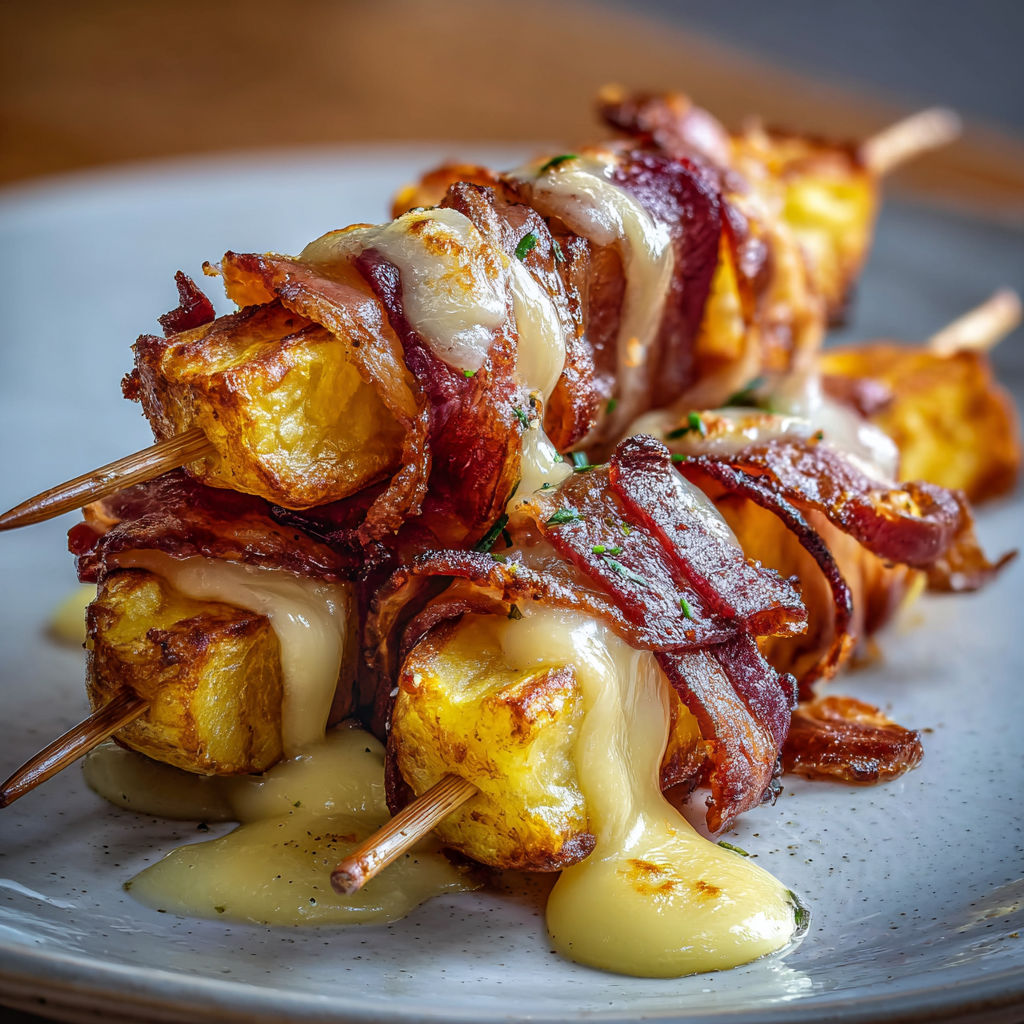 Brochettes façon raclette super gourmandes avec fromage gratiné, lard croustillant et frites maison.