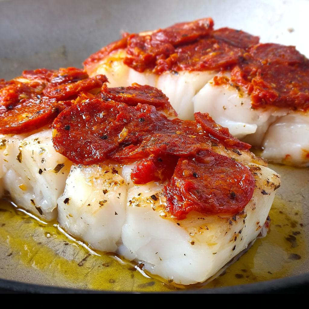 Beau filet de cabillaud poêlé avec chorizo et herbes.