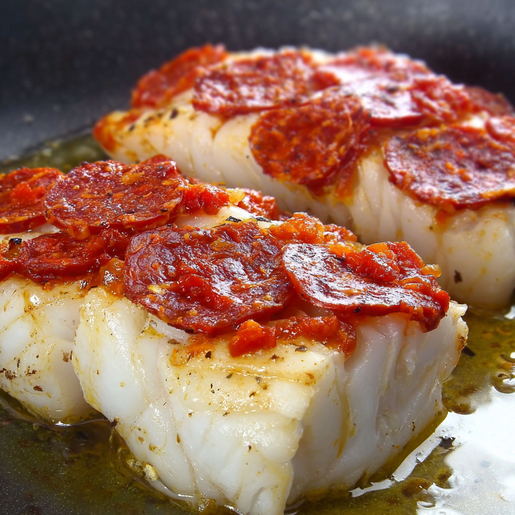 Cabillaud poêlé avec chorizo et tomates séchées. On voit des morceaux de cabillaud bien cuits avec du chorizo sur le dessus.
