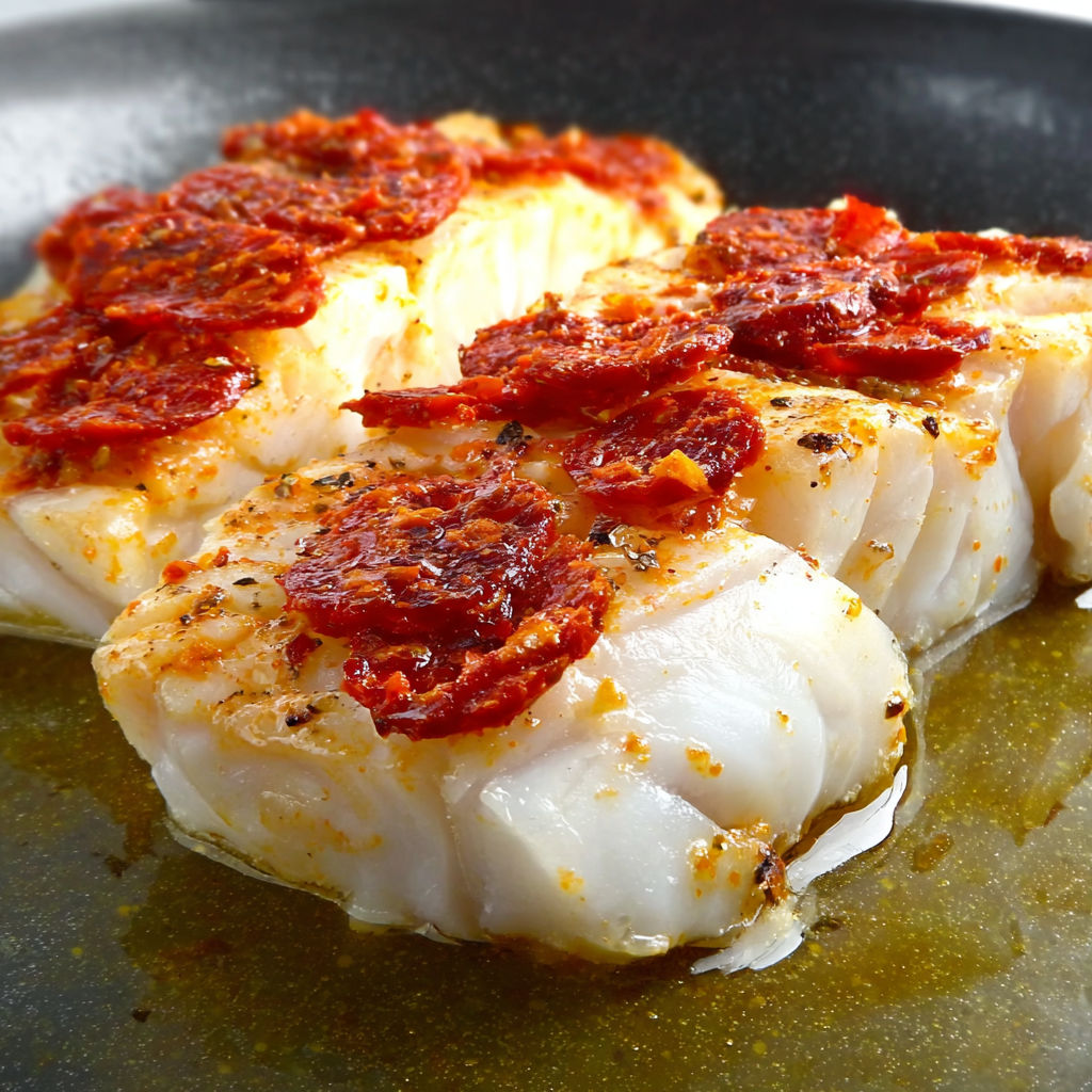 Filet de cabillaud doré à la poêle, chorizo dessus, et quelques tomates séchées pour plus de goût.