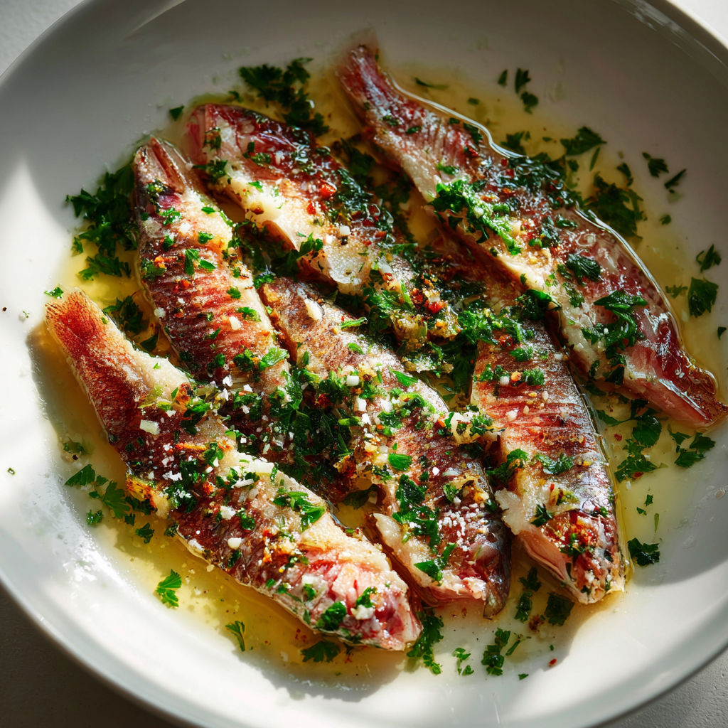 Filets de rouget bien dorés, arrosés d’huile d’olive et persil ciselé.