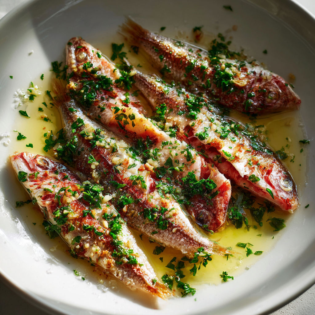 Rougets poêlés côté peau avec persil, ail et huile d’olive.