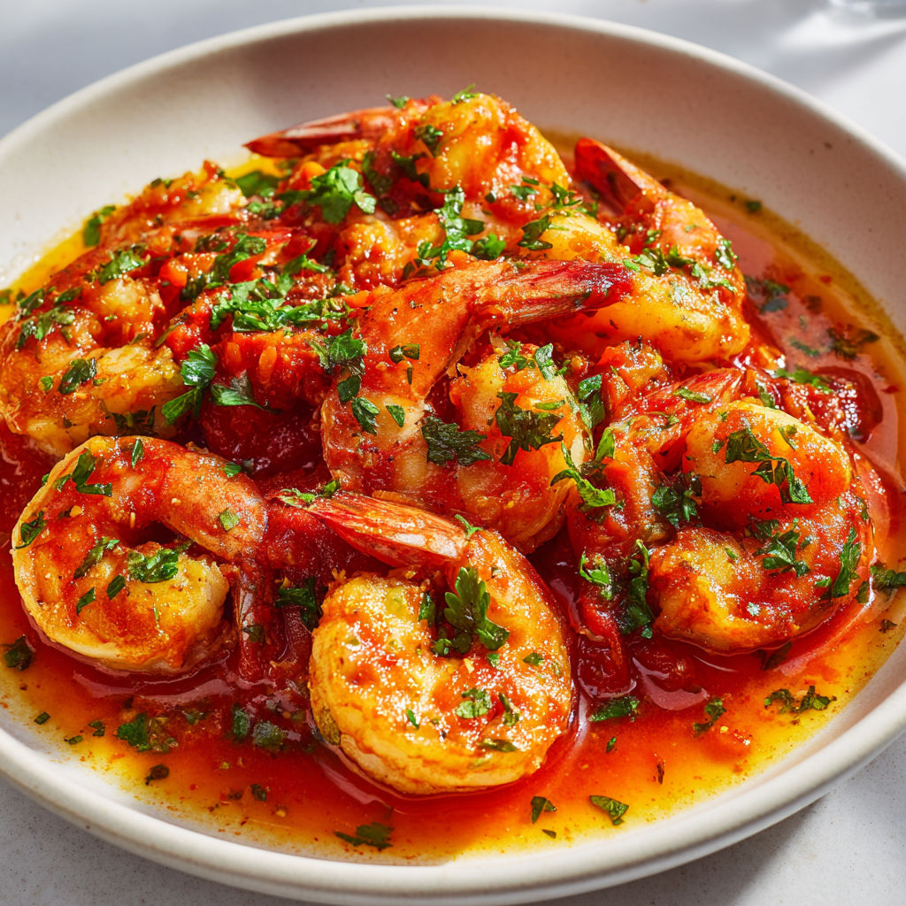 Crevettes juteuses nappées de sauce tomate aux épices douces.