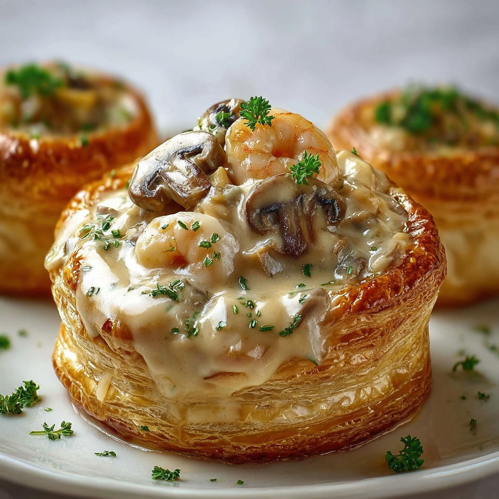 Vol-au-vent aux airs d’antan avec poulet, champis et crevettes.