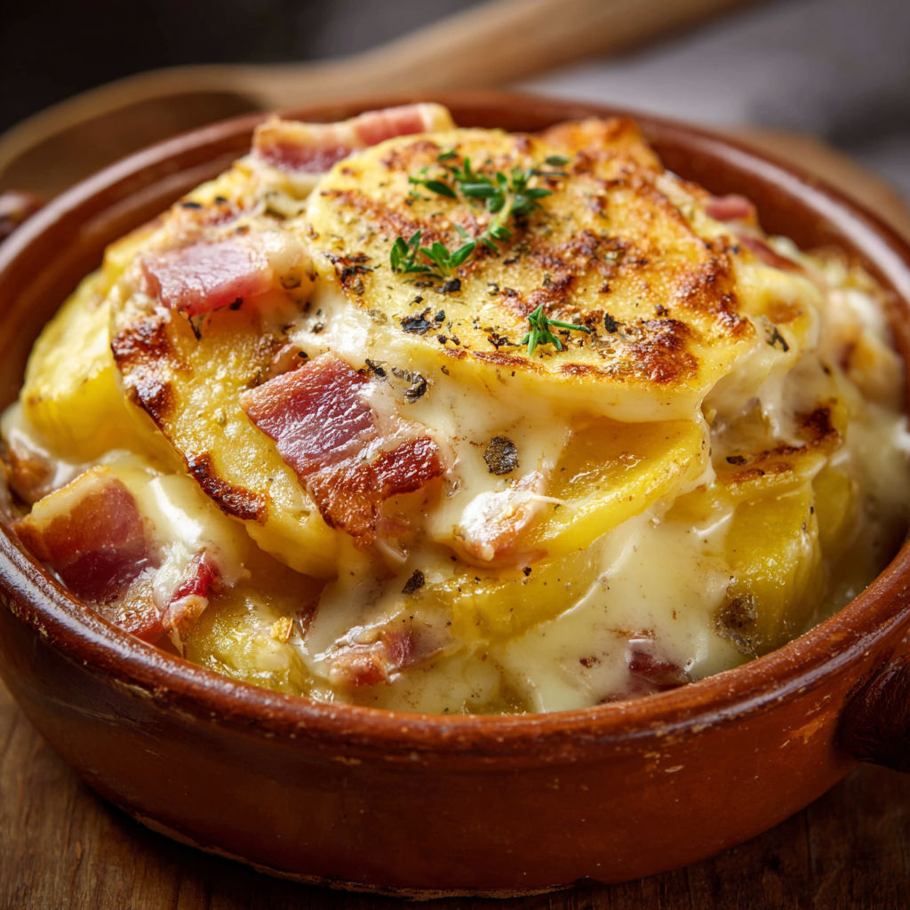 Gros plan sur une tartiflette bien gratinée, servie dans un grand plat en terre cuite.
