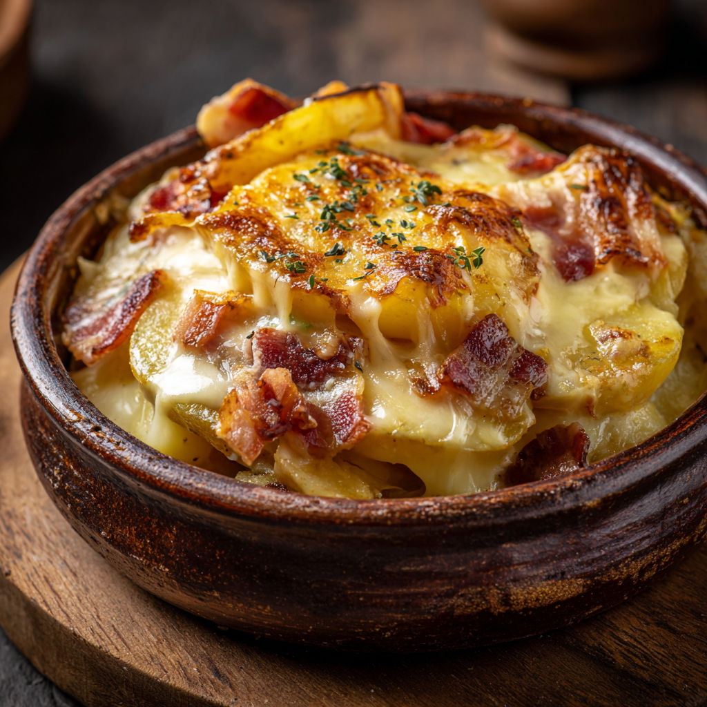 Tartiflette dorée servie dans un plat rustique, emblème de la cuisine savoyarde.