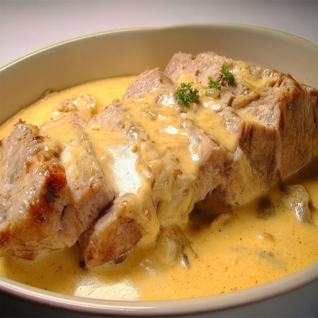 Belle tranche de rôti de porc au maroilles avec une sauce crémeuse et quelques herbes dessus.