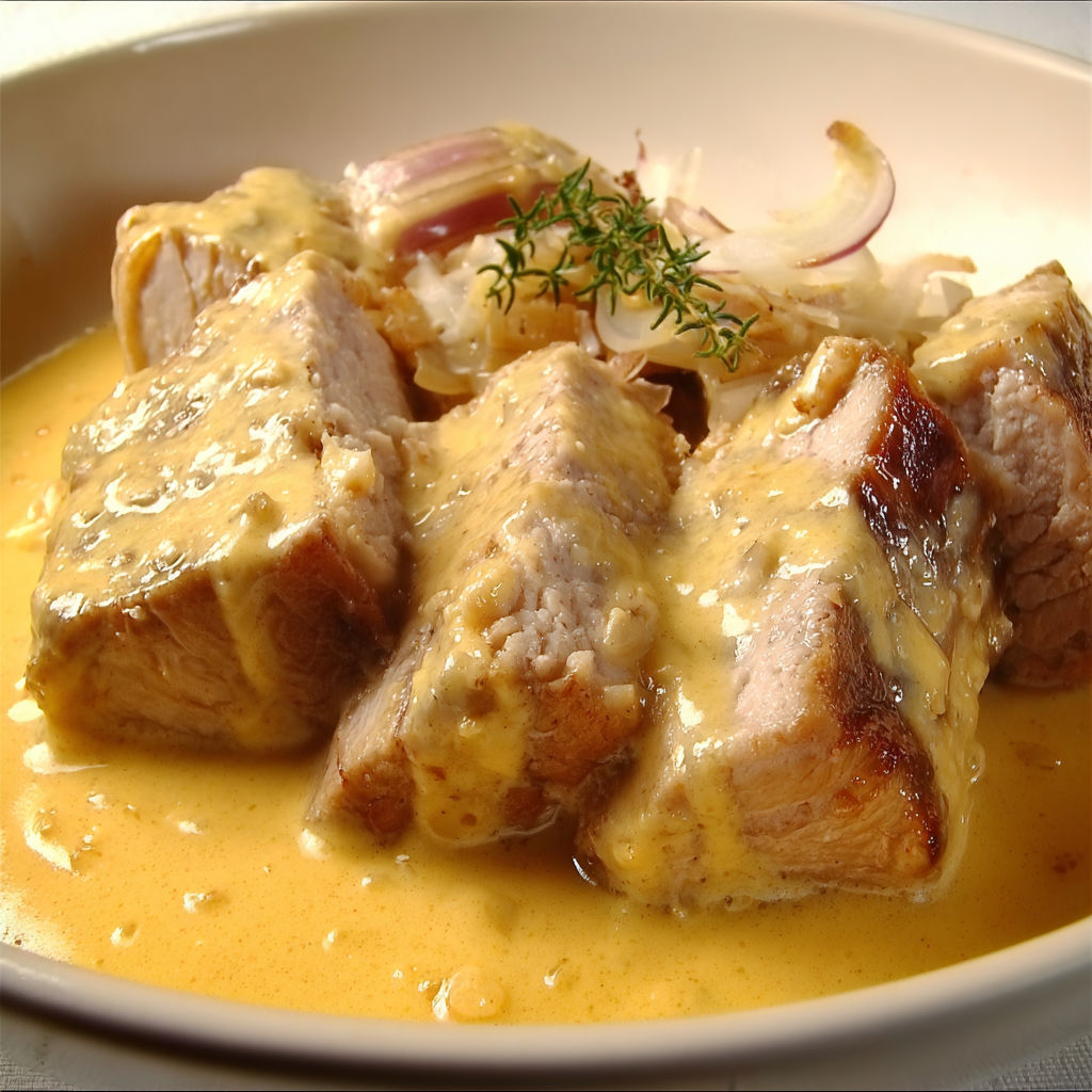 Une belle assiette de rôti de porc au maroilles, servie avec ses légumes et sa sauce bien gourmande.