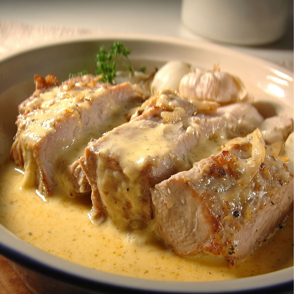 Le rôti de porc maroilles accompagné de légumes et d’herbes posé sur la table, tout prêt à goûter.