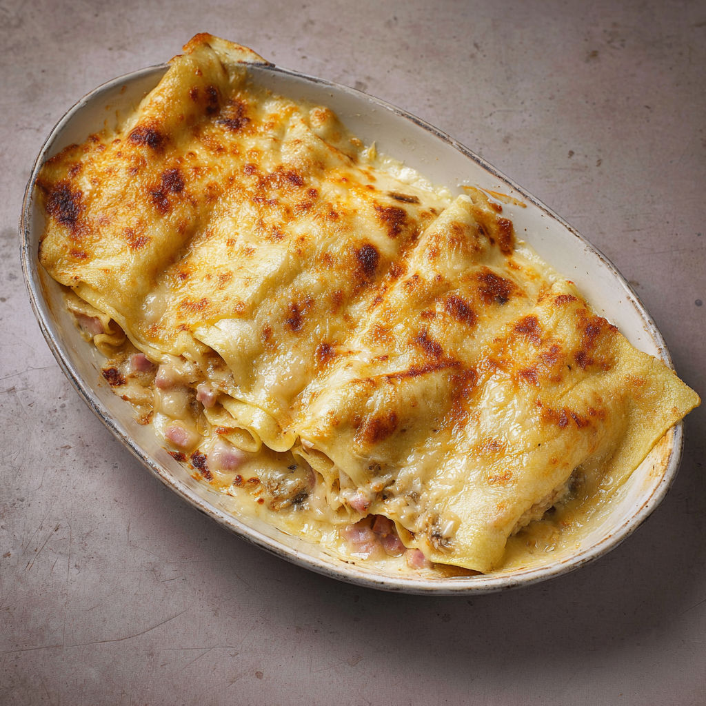 Crêpes généreuses avec jambon et béchamel gratinées tout juste sorties du four.