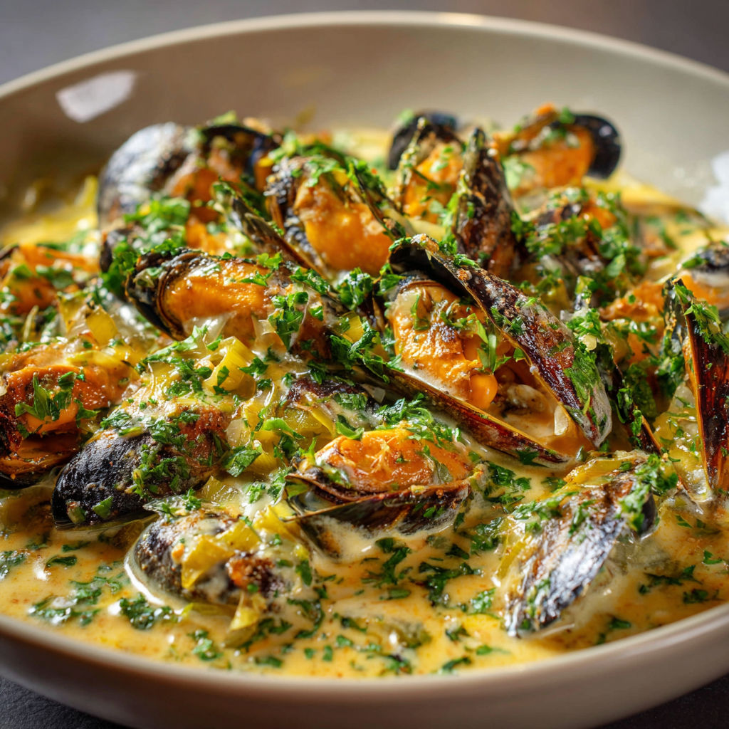 On découvre une assiette remplie de moules fondantes au poireau.