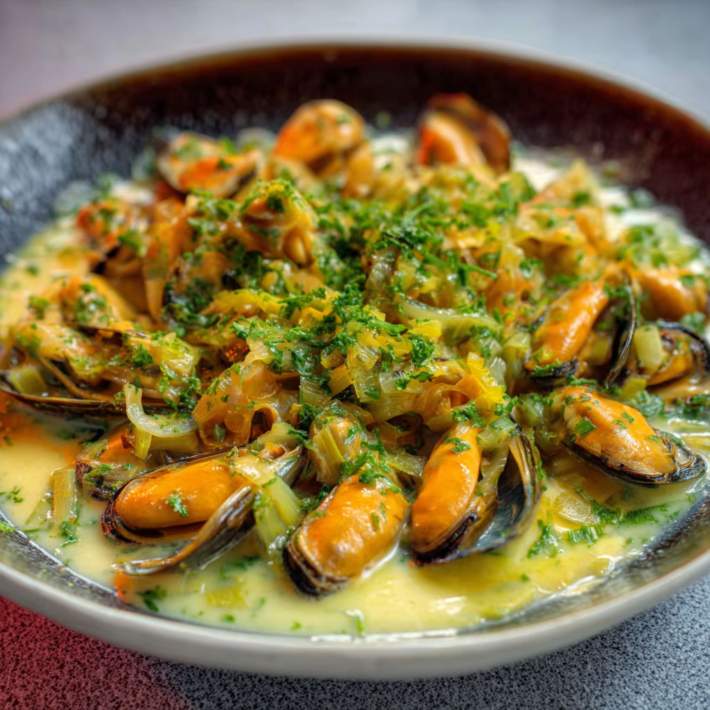Une belle assiette de moules crémeuses aux poireaux est posée sur la table.