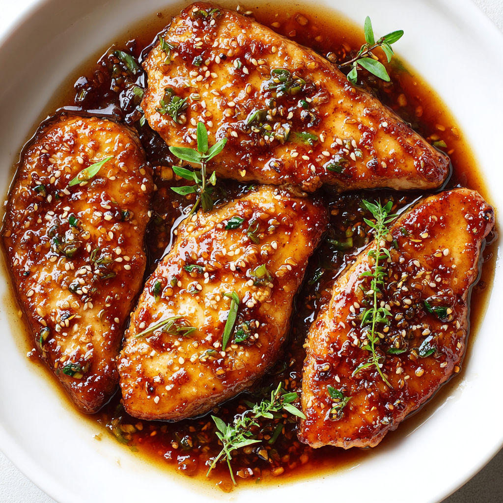 Poulet poêlé doré arrosé d’une sauce miel-soja brillante et parfumée.