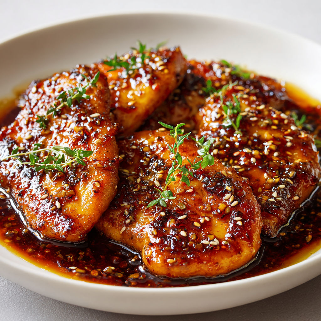 Escalopes de poulet fondantes nappées de sauce soja, miel et ail doré.