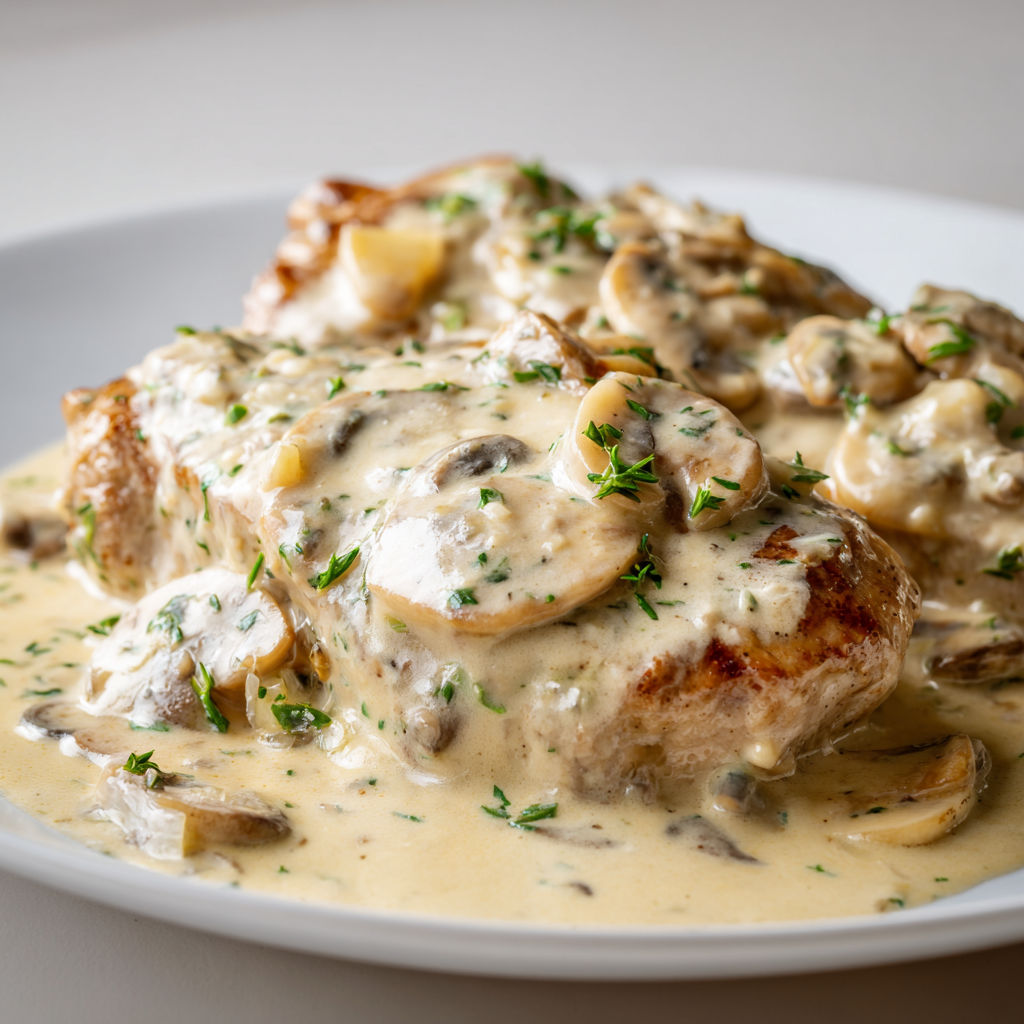 Une assiette d'escalope de veau onctueuse à la crème posée sur un plateau.