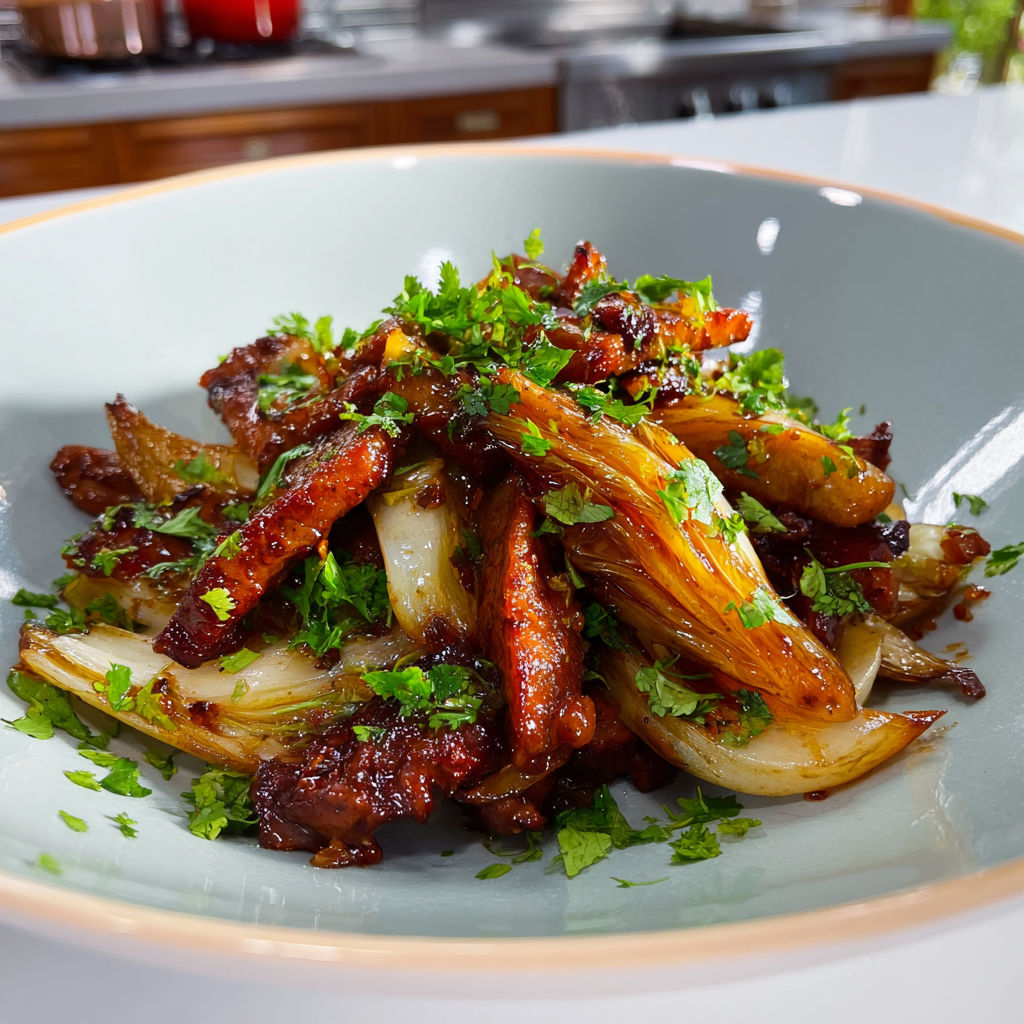 Wok de porc et endives ultra fondant sauce soja coriandre fraîche.