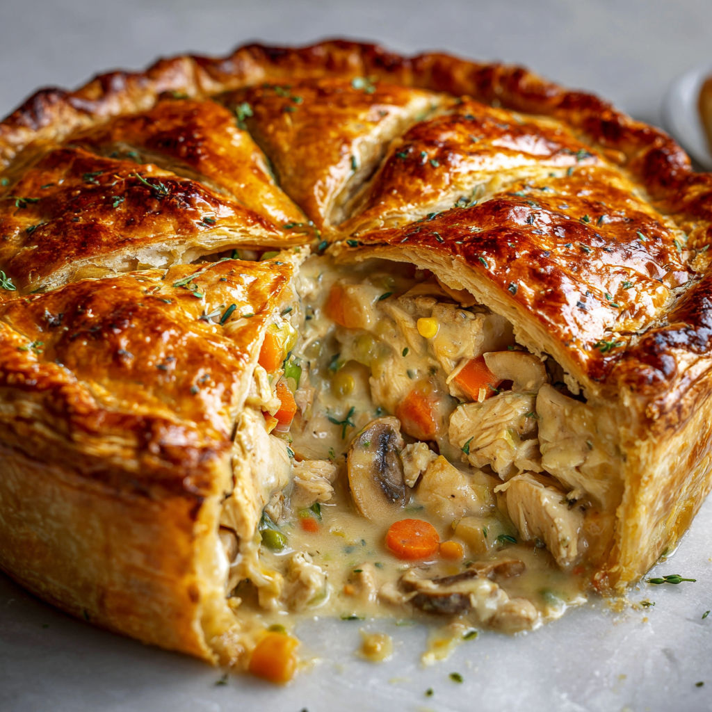 Sur la table, une belle tourte dorée au poulet vient d'être coupée.