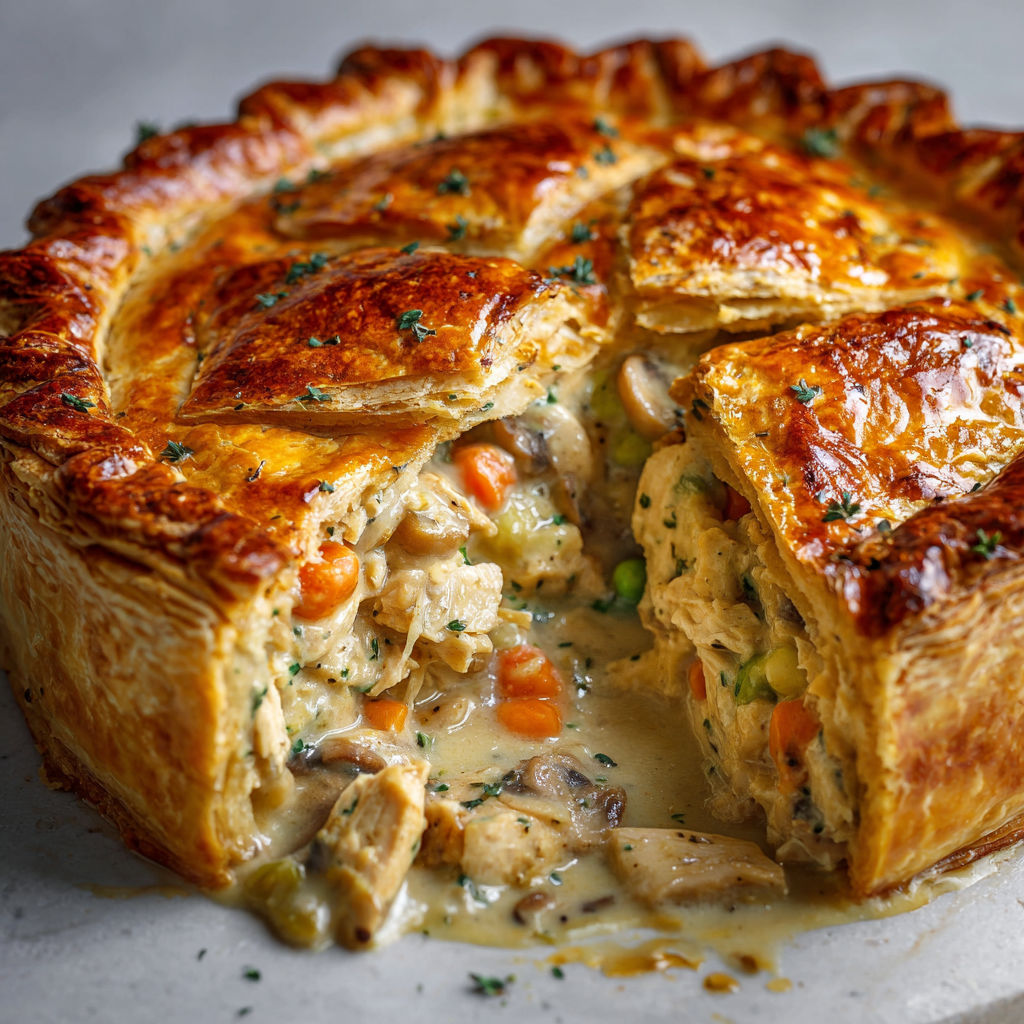 Tourte au poulet généreuse, bien garnie de légumes et de sauce crémeuse prête à être partagée.