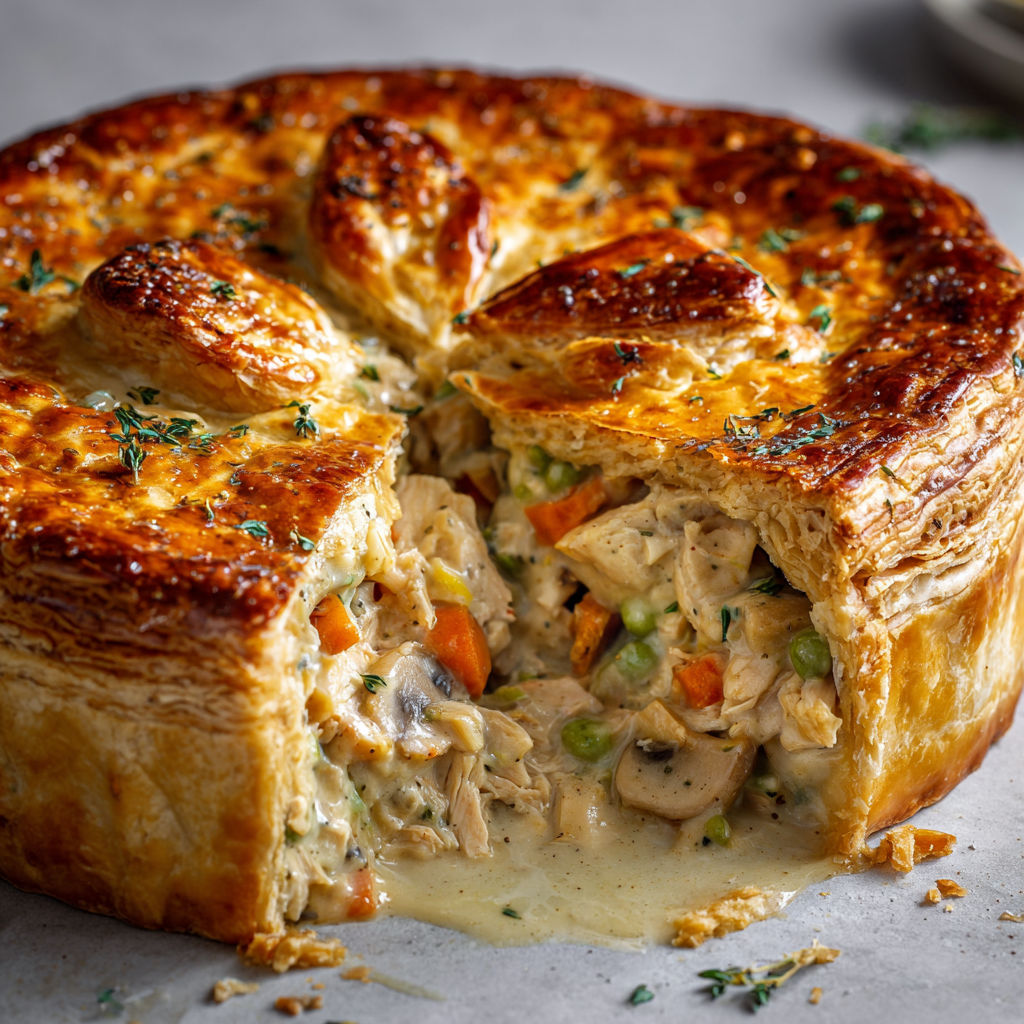 Tourte maison au poulet, généreuse et dorée avec ses légumes fondants sous la pâte croustillante.