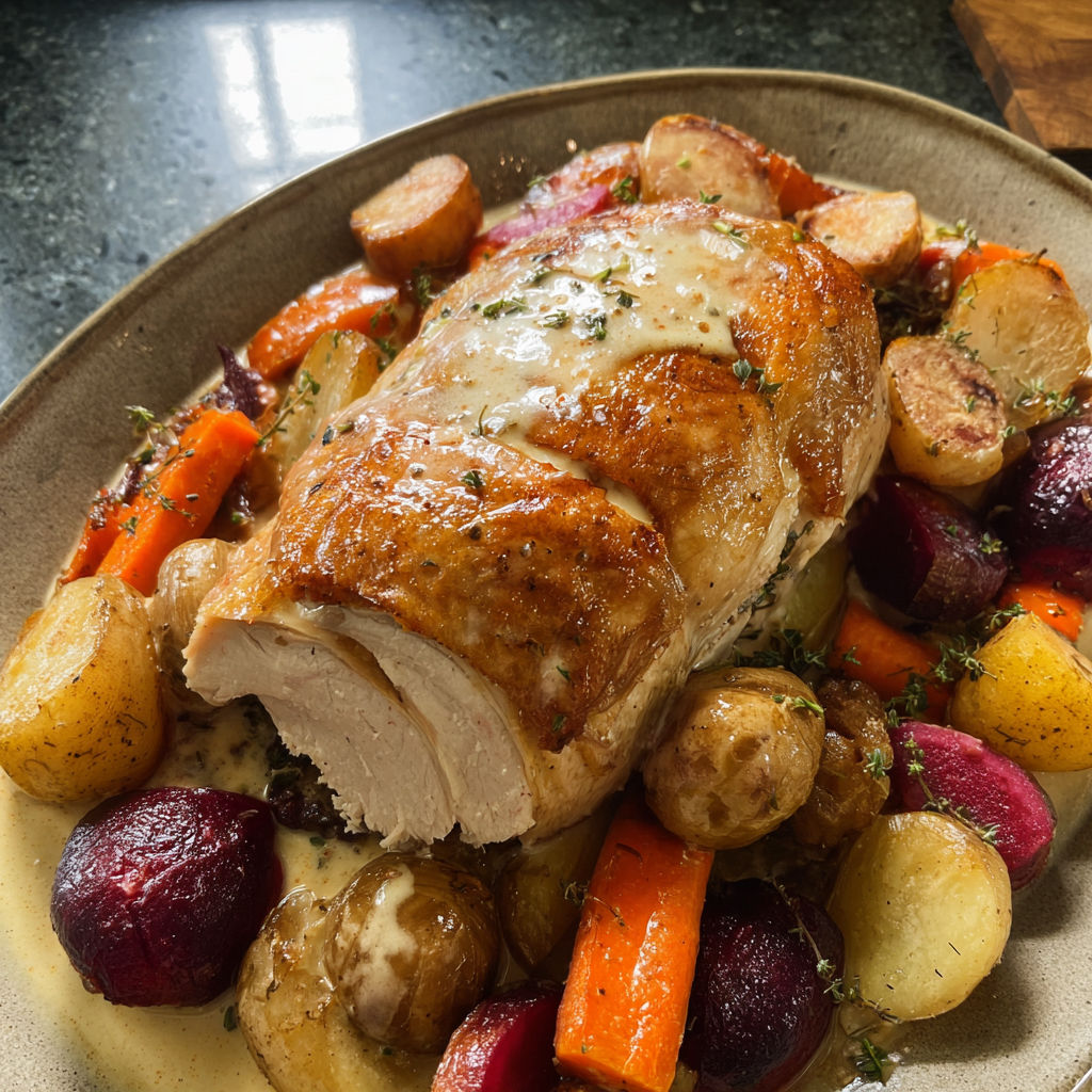 Chapon tendre au riesling et légumes d’hiver fondants présenté sur un grand plat de céramique, prêt à être partagé.
