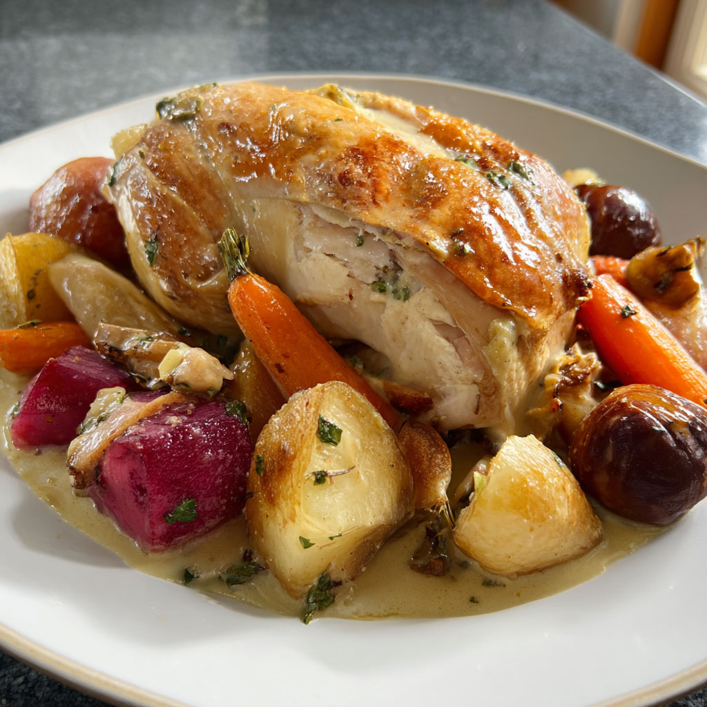 Un chapon au riesling moelleux entouré de légumes rôtis et nappé de sauce dorée, prêt à servir sur un plateau familial.