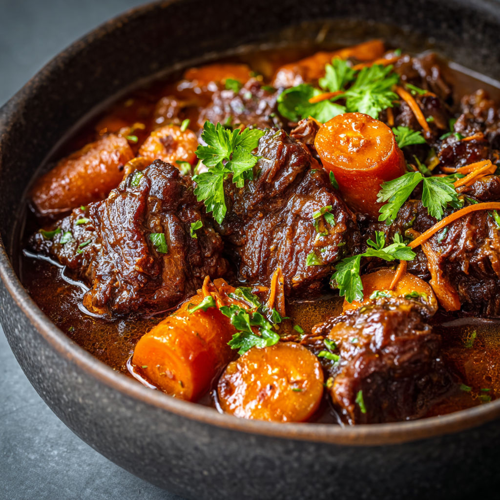 Un pot généreux de bouillon, carottes et gros morceaux de viande.