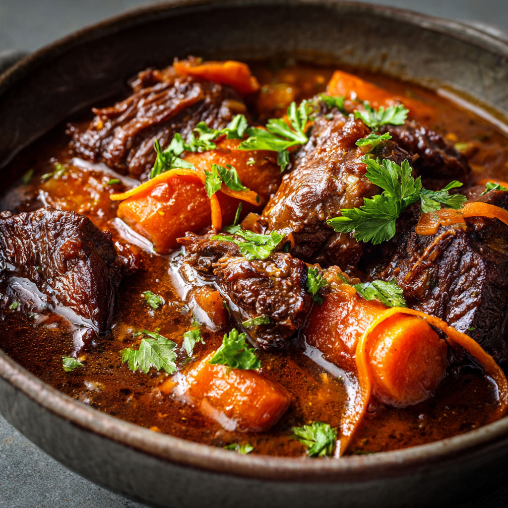 Une marmite remplie de viande, légumes, carottes et herbes, servie dans un bol rustique en terre cuite.