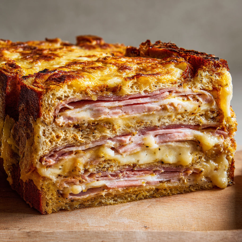 Un croque-cake doré présenté sur la table, prêt à être partagé.