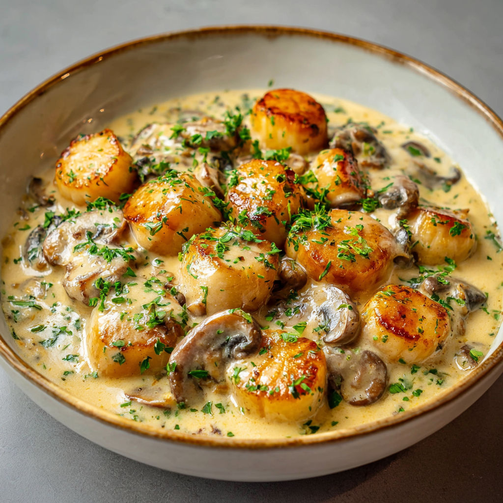 Délicieuse fricassée crémeuse avec pétoncles tendres et champignons dorés.