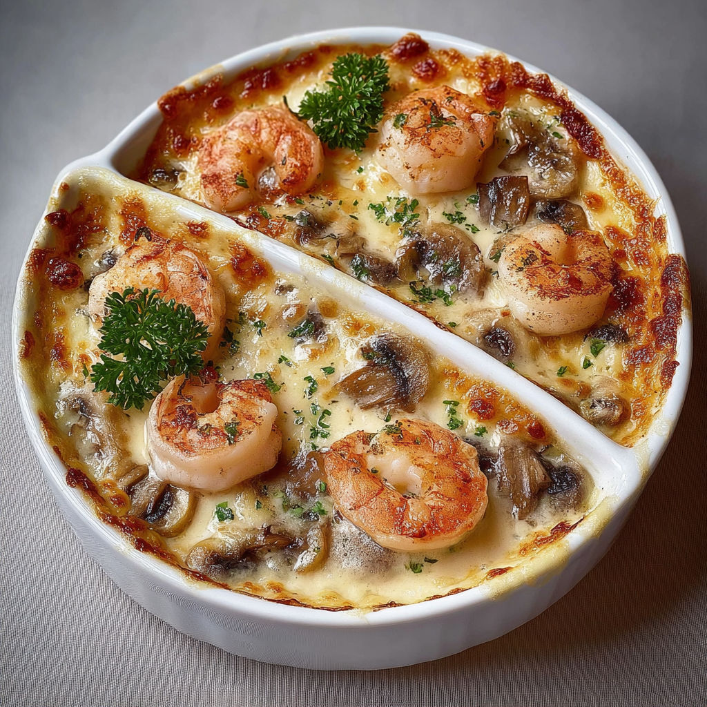 Gratin ultra crémeux aux crevettes et champignons, fromage doré à souhait.