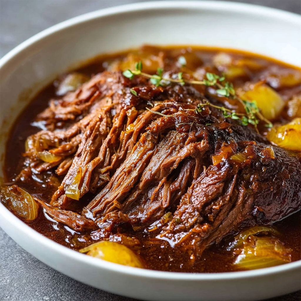 Un bœuf effiloché fumant dans un bouillon savoureux, accompagné de pommes et d'oignons.
